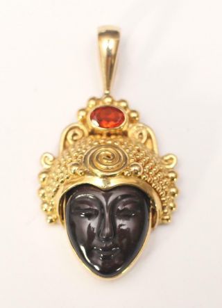 Vintage SAJEN 18kt Gold Carved Obsidian Goddess & Citrine Necklace Pendant 3