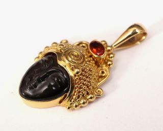 Vintage SAJEN 18kt Gold Carved Obsidian Goddess & Citrine Necklace Pendant 4