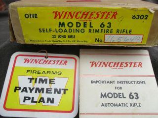 Vintage 1950s Winchester Model 63 22 Long Rifle Empty Box,  Instructions & Tag