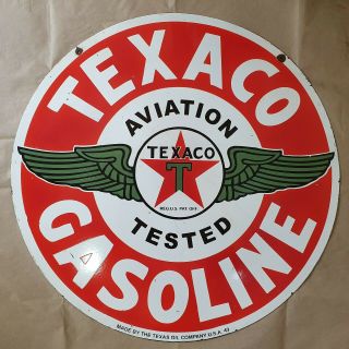 Texaco Aviation Gasoline 2 Sided Vintage Porcelain Sign 30 Inches Round