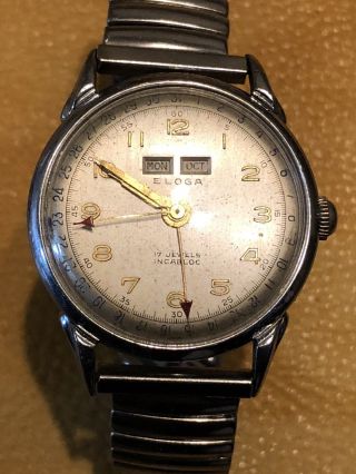 Vintage Eloga Triple Date Calendar Wristwatch Stainless Swiss Gro