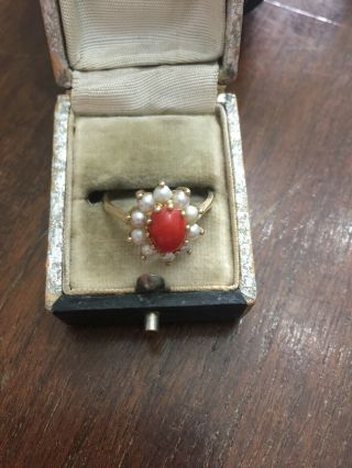Stunning Vintage 9ct Gold Red Coral And Pearl Ring Size R Or 8.  5