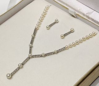 Vintage 14k White Gold Diamonds & Pearls Necklace With Earrings Set Cond