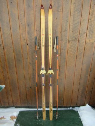 Vintage Wooden 72 " Skis Brown Wood Finish Lampinen,  Bamboo Poles