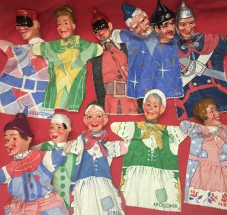 10 Vintage Hand Puppets Italian Characters Hard Plastic Heads Commedia Dell’arte