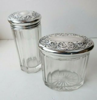 2 Antique Art Deco Crystal German Silver Lids Large Sz.  Dresser Vanity Jars Boxes