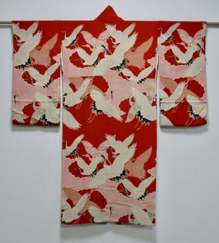 Japanese Kimono Silk Antique Juban / Crane / Red / Vintage Silk Fabric /227