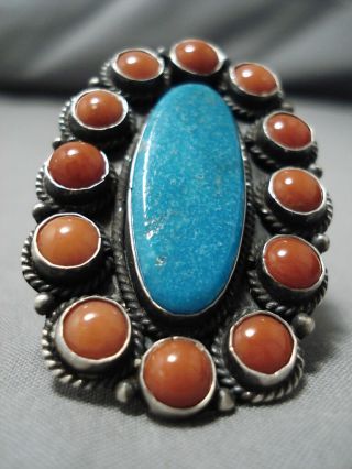 Marvelous Vintage Navajo Turquoise Coral Sterling Silver Native American Ring