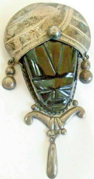 Huge 3 7/8 " Heavy Mexican Sterling Silver Black Mask Face Pin Brooch 33,  Grams