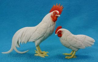 Vintage 1950s Miniature White Chicken Figurines Rooster & Hen Hand Painted Resin