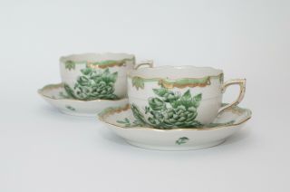 Pair (2) Vintage Herend Fortuna Green Tea Cups And Saucers - Handpainted