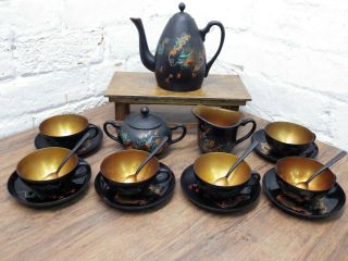 Vintage Chinese Black Lacquer Tea Set Hand Painted Dragon