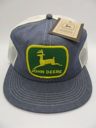 Vintage John Deere Denim Mesh Back Snapback Trucker Hat Cap K Products Nos