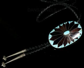 Old Pawn Vintage ZUNI 1960 ' s Gorgeous Cluster TURQUOISE Sterling Bolo Tie 3