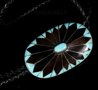 Old Pawn Vintage ZUNI 1960 ' s Gorgeous Cluster TURQUOISE Sterling Bolo Tie 4