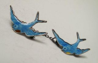 Vintage Silver Enamel Double Bluebird Of Happiness Swallow Brooch Pin Blue Birds