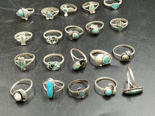 Vintage Ladies Sterling Silver Coral & Turquoise 20 Rings /native American