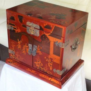 Vintage Chinese Lacquered Cabinet / Jewelry Box,  Hand Painted,  Brass Fittings.
