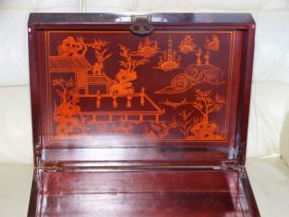 VINTAGE CHINESE LACQUERED CABINET / JEWELRY BOX,  HAND PAINTED,  BRASS FITTINGS. 4