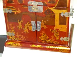 VINTAGE CHINESE LACQUERED CABINET / JEWELRY BOX,  HAND PAINTED,  BRASS FITTINGS. 8