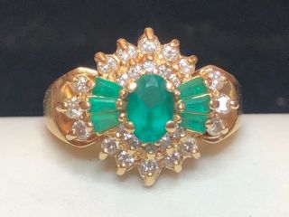 Vintage Estate 14k Gold Green Emerald Natural Diamond Ring Gemstone Engagement