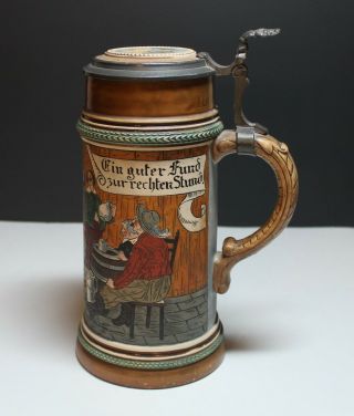 1296 Vintage Etched Lidded Mug German Beer Stein - Tavern Scene 1 Liter Prosit