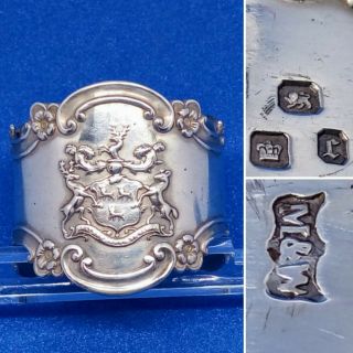1895 Mappin & Webb Solid Hallmarked Silver Baroque Heraldic Napkin Ring 40g