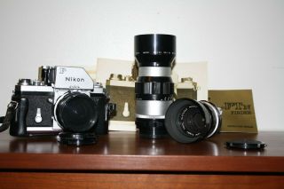 Nikon F Vintage 35mm Slr Camera 28mm 50mm 135mm Lenses W/ Cases And Camera Case
