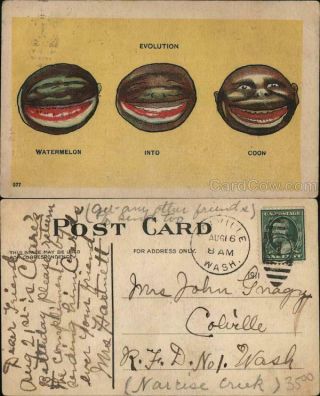 Black Evolution - Watermelon Into Coon Postcard 1c Stamp Vintage Post Card