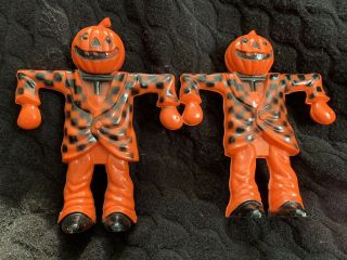 2 Vintage Halloween Scarecrow Pumpkin Candy Holders Decoration (stems Intact)