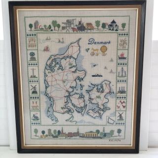 Framed Completed Denmark Map Sampler Cross Stitch On Linen 20 X 24 Vintage