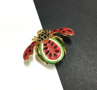 Joan Rivers Watermelon Bee Brooch Pin Pink Red Enamel Rhinestone Gold Jj177s