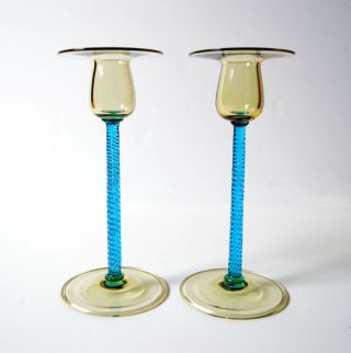 Vintage Steuben 2940 Celeste Blue & Amber Candleholders