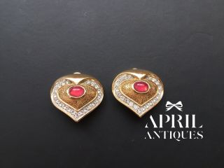 Vintage Attwood Sawyer Red Cabochon Glass Heart Earrings