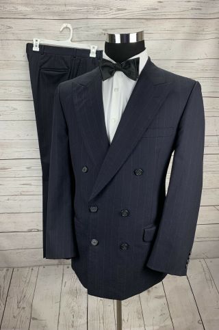 Vintage Burberrys Navy Pinstripe Double Breasted Suit Mens Size 100 Wool 42r