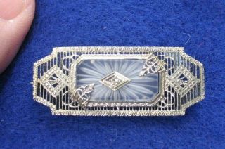 Antique Art Deco 10k White Gold Filigree Diamond Bar Pin Brooch 3.  8 Grams