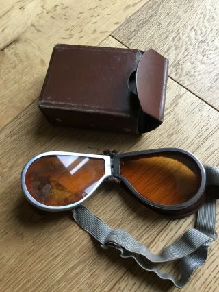 Vintage Foldable Ww2? Aviation Motorcycle Goggles Glasses With Case