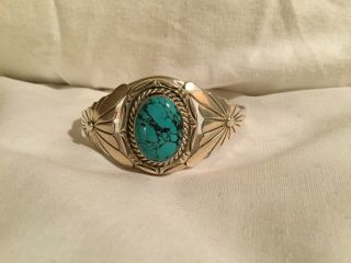 Vintage Native American Sterling Silver And Turquoise Cuff Bracelet Signed Ls