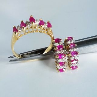 Vintage Pink Sapphire Marquises & Diamond 14k Yellow Gold Ring & Earrings Set