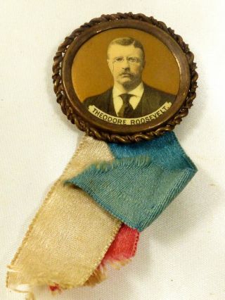 Vtg Theodore Roosevelt 1904 Presidential Campaign Button Pin Pinback With Ribbon