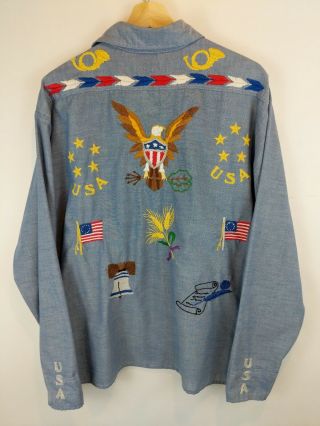 Vtg 70s Mens L Xl Chambray Work Shirt Blue Embroidered Usa Hippy Flag Eagle Exc