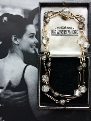 Vintage 1960s Art Deco Style Czech Venetian Silver Foil Beads Long Necklace Gift