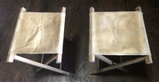 2 Vintage Wood Canvas Folding Stools Chairs Camping Fishing Hunting Sports