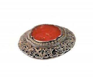 Vintage Chinese Export Silver Carnelian Brooch,  Filigree Metal,  Glass Seed Pearl 5