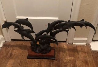 Vintage Solid Brass Sculpture Pod Of 12 Dolphins Jumping A Wave