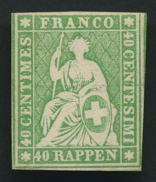 Rare Switzerland Stamp 1850 Sc 18 40rp Pale Green Emerald Thread,  Mog Vf $11400