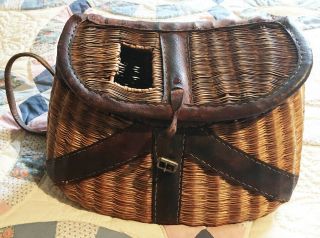 Vintage Fishing Creel Basket Wicker Leather Straps