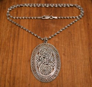 Antique Russian Handmade Filigree Silver Flower Floral Necklace Pendant Woman 