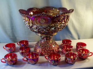 Rare Westmoreland Red Carnival Glass Buzz Star Punch Bowl Set W/ 11 Cups