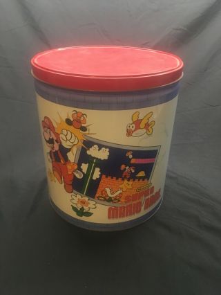 Vtg 1980s 1988 Nintendo Mario Bros.  Metal Popcorn Tin Trash Can Rare